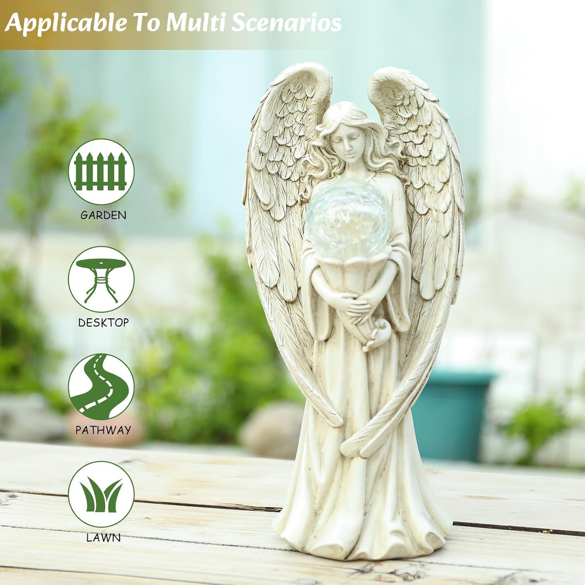 Garden Angels Outdoor Statue, Solar Angel with Crackled Glass Globe Outdoor