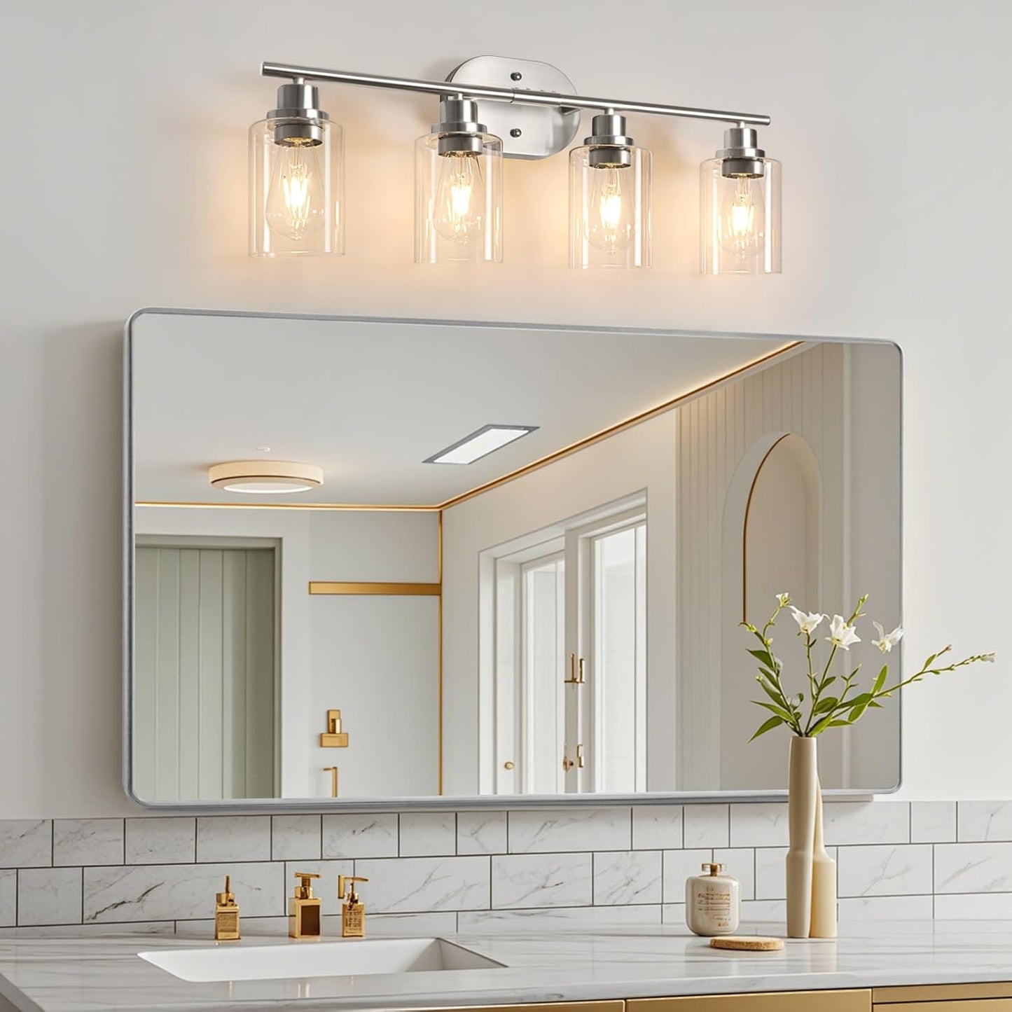 Ascher 4-Light Bathroom Light Fixtures, Modern Vanity Lights with Clear Glass Shade, Brushed Nickel Wall Lamp for Bathroom Mirror Hallway Cabinet Porch