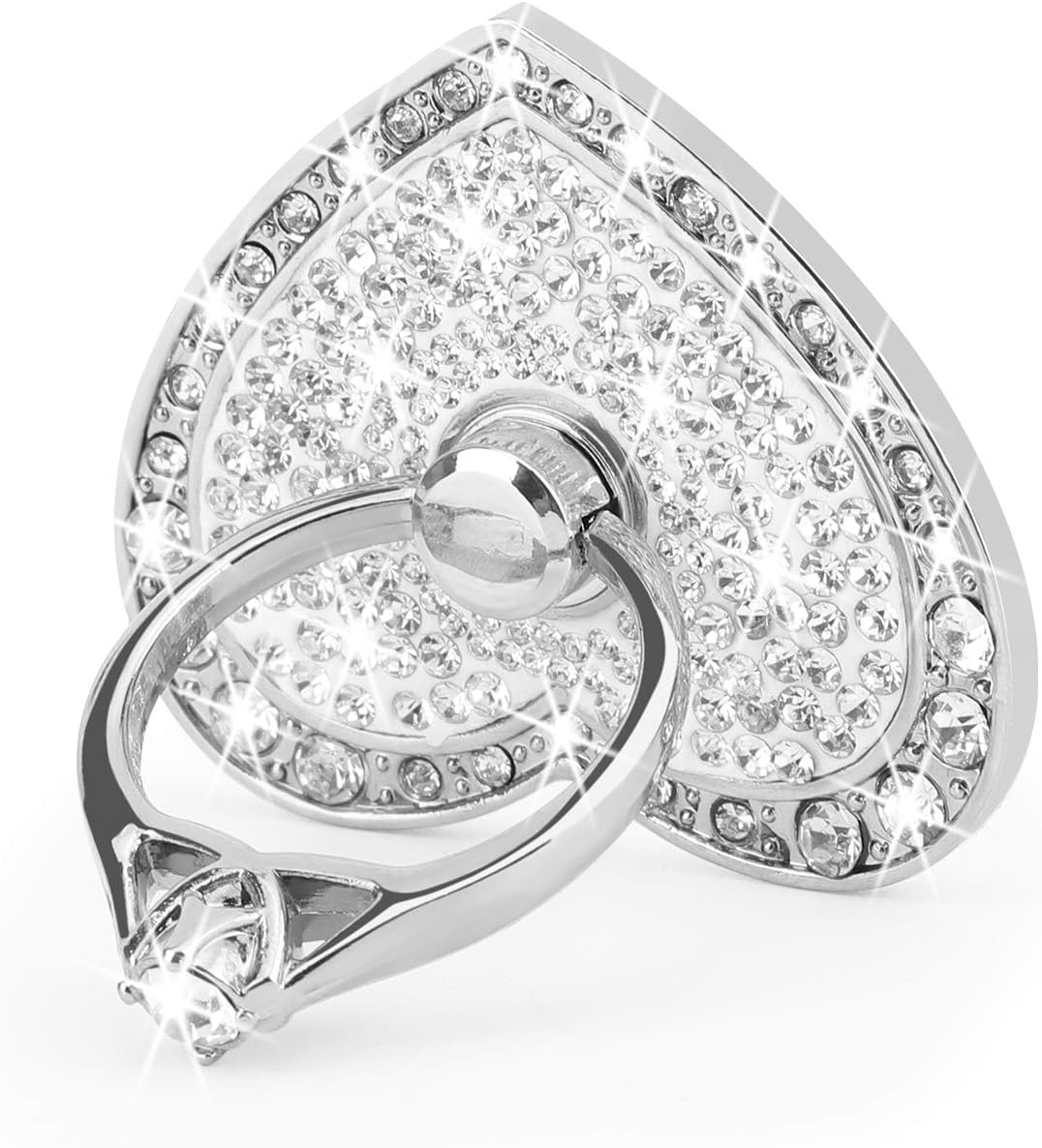 Cell Phone Finger Ring Stand with Sparkly Diamond, Nsiucion Heart Phone Ring Kickstand Holder [Washable] [Removable], 360°Rotation Zinc Alloy Ring Grip Stand for All Phones and Tablets (Silver)