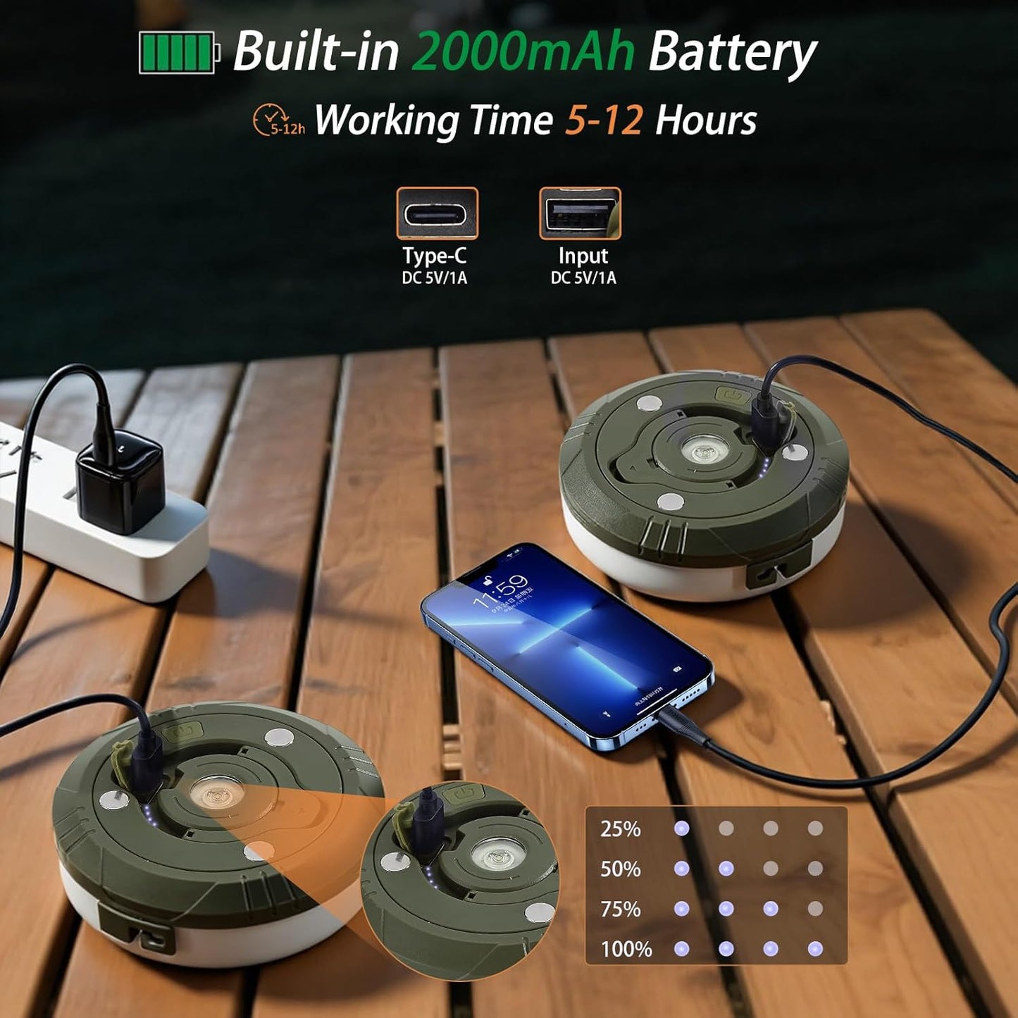 Camping String Lights, 4 in 1 Portable Camping Light Rechargeable, 8 Lighting Modes, USB Charging, Quick Storage, 32.8FT Waterproof Tent Lights String for Camping, Hiking, Yard, Christmas