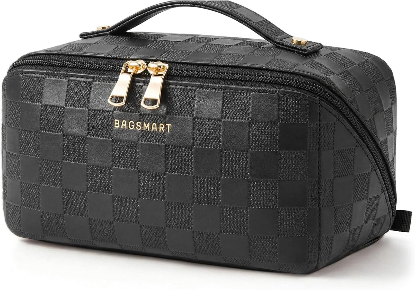 BAGSMART Makeup Bag Travel Cosmetic Bag, Large Make Up Bag Flat Open Toiletry Bag for Women, PU Leather Travel Essentials Organizer Case, Wide-open Pouch for Skincare, Brushes, Black Checkerboard