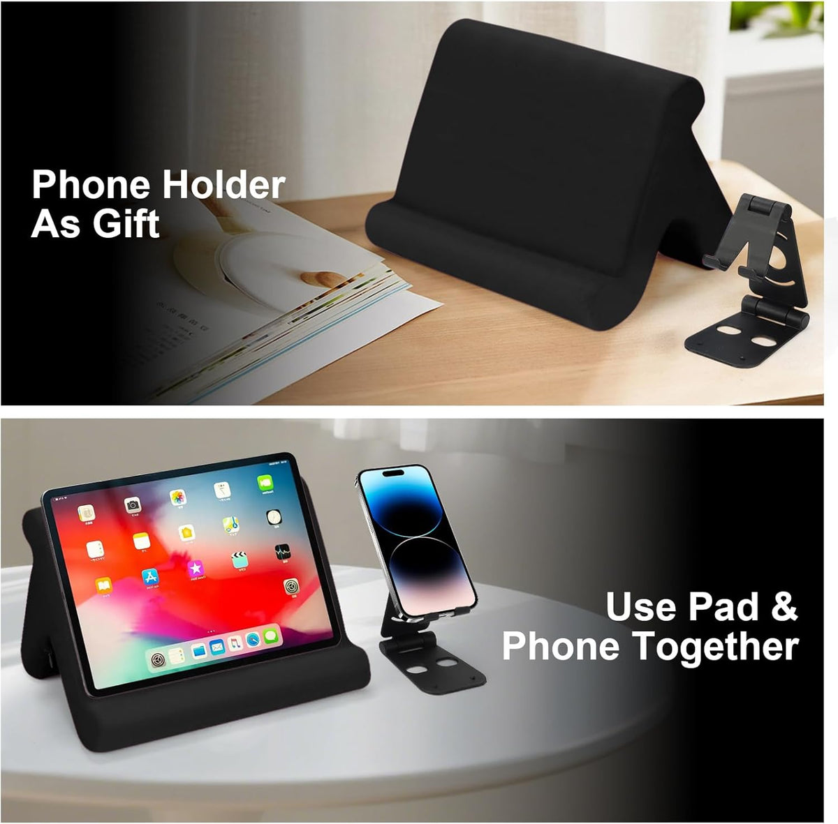 Universal Multi-Angle Tablet Stand Holder-Soft Pad Stand with black phone holder for Lap,Knee,Sofa and Bed,Compatible with iPad Pro 9.7,10.5,12.9 Air Mini 4 3,Kindle,Galaxy Tab,E-Reader (Black)