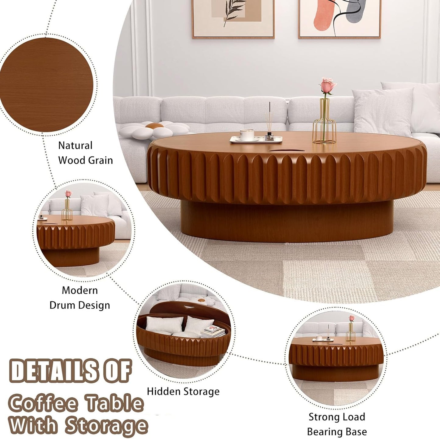43.3'' Oval Coffee Table with Storage for Living Room, Brown | Mid Century Modern Fluted Drum Wood Coffee Tables with Lid, Sturdy Pedestal Center Tables for Apartment, Easy Assembly