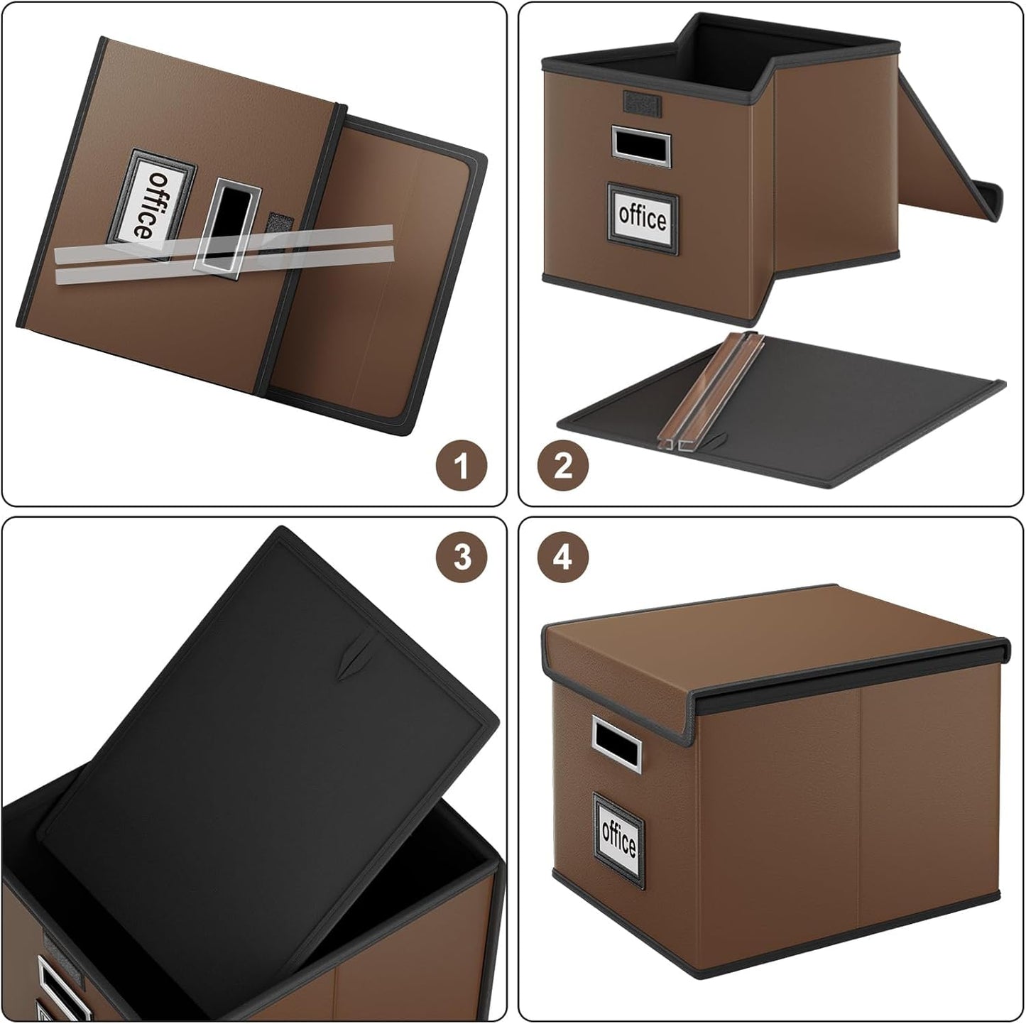 Faux Leather File Organizer Box with Lid, Collapsible Hanging File Folder Box Organizer with Plastic Slides, Decorative Home/Office Filing Boxes for File and Folder Storage - Dark Brown