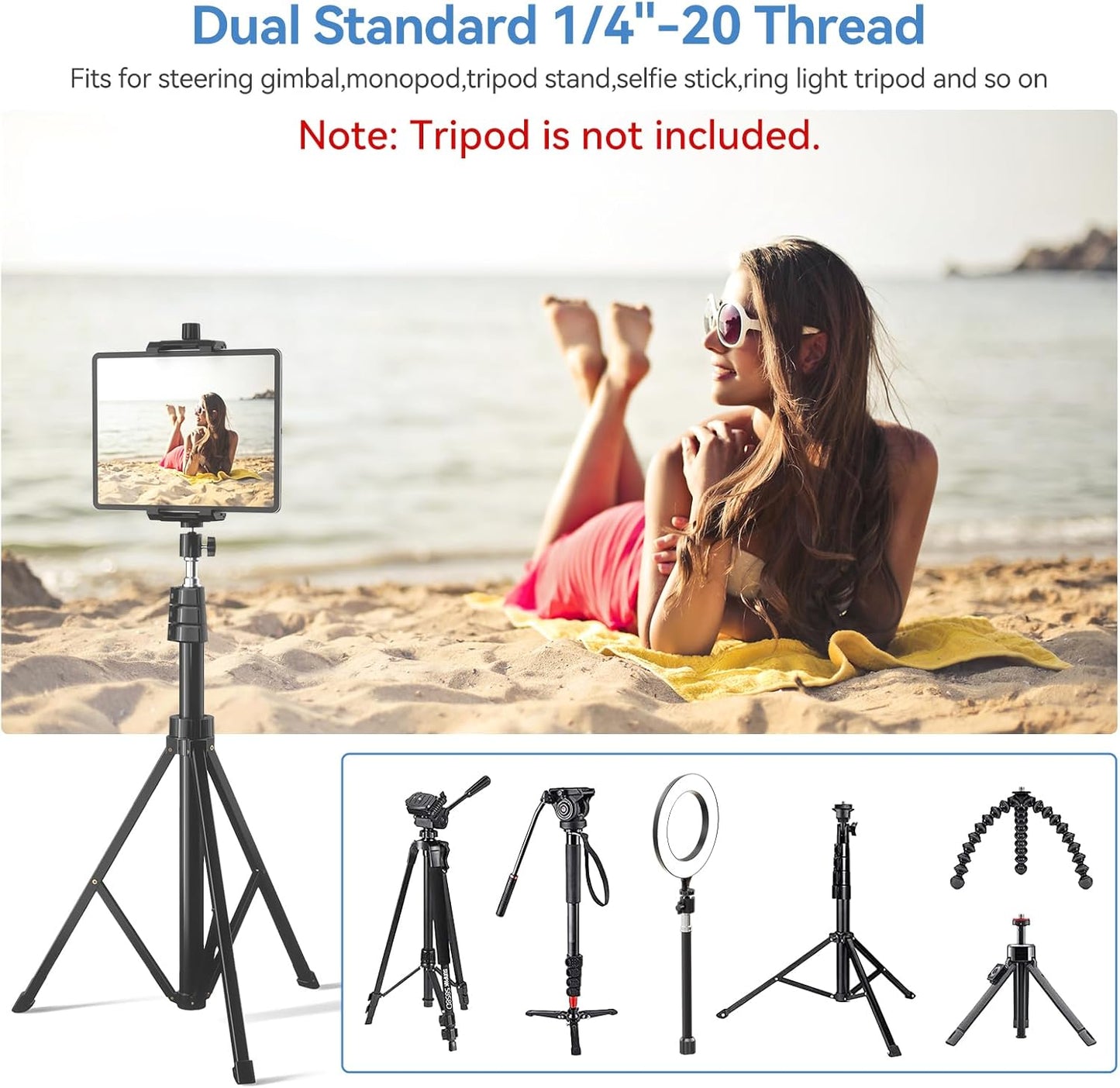 KDD iPad and Phone Tripod Mount Adapter with Ball Head, iPad Holder for Tripod, 360 Rotatable Tablet Clamp Mount fits iPad Pro 12.9, Air Mini 3 4, Galaxy Tab, Surface Pro, Selfie Stick(5.3-10.6")
