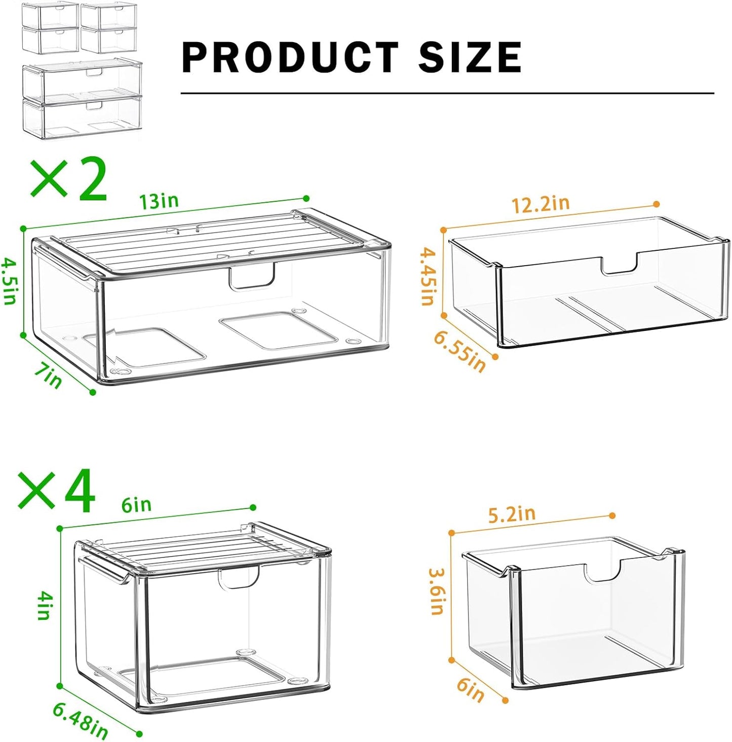 caktraie Acrylic Stackable Storage Drawers Set of 6, Clear Plastic Storage Drawer Organzier, Storage Organizer, Makeup Organizer,Ideal for Vanity, Bathroom,Cabinet,Pantry Organization