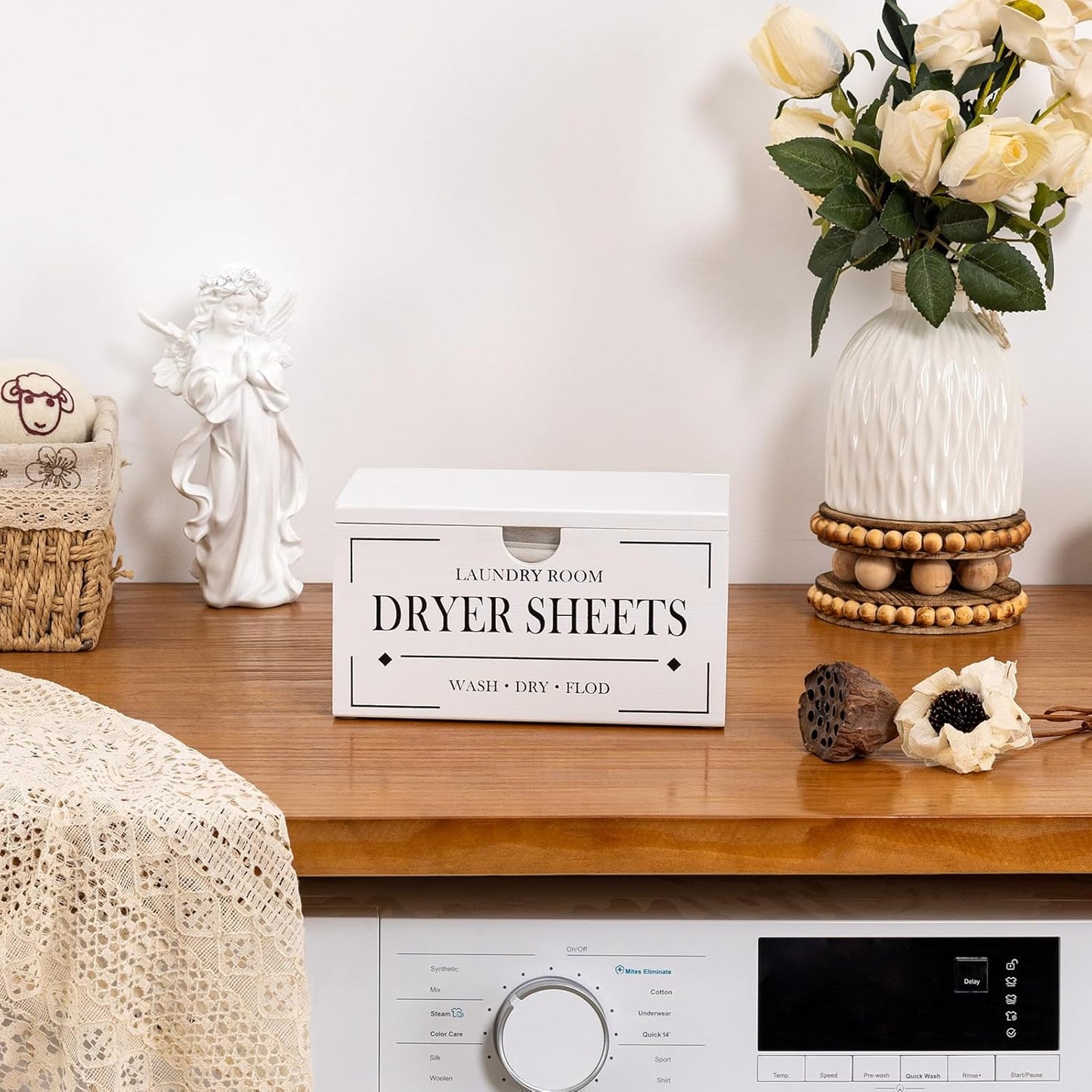 HouseJoy Dryer Sheet Holder-White Dryer Sheet Container with Lid,Rustic Farmhouse Wooden Dryer Sheet Dispenser for Fabric Softener Sheets,Laundry Room Decor Organization/Storage