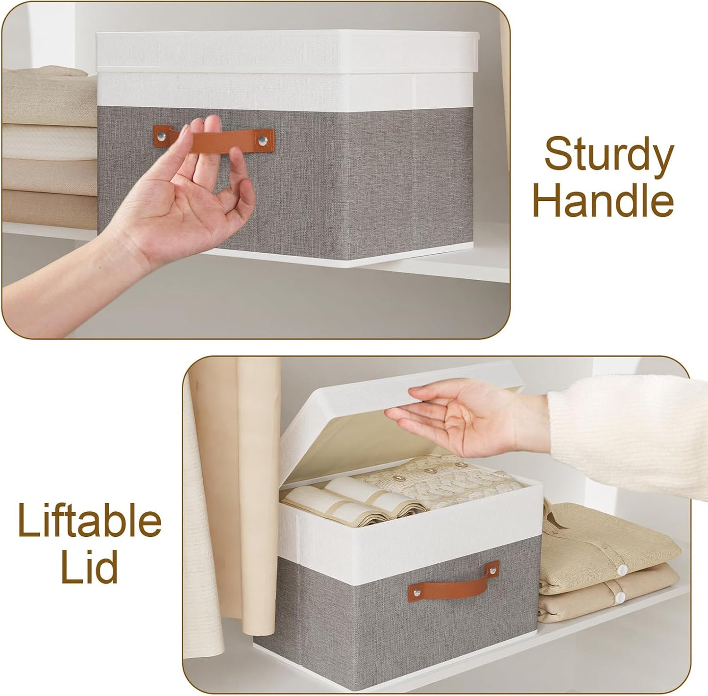 Storage Baskets with Lids, Closet Organizer Boxes, Foldable Shelves Storage Bins with Handles, White and Grey, 3 Pack, 13 x 9.1 x 7.9 Inch