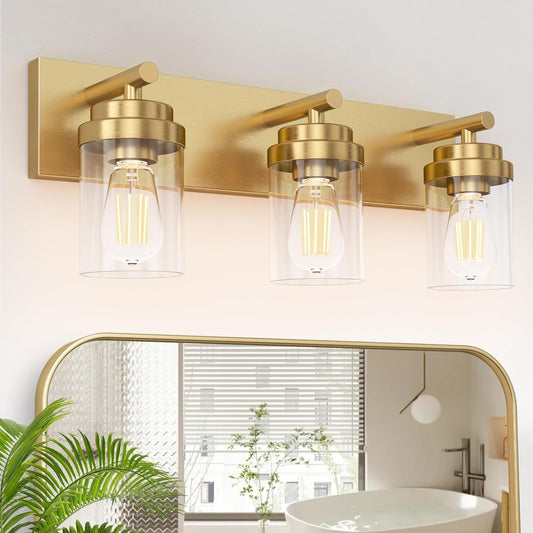 IZORRO Bathroom Vanity Light Fixture, 3-Light 22 Inch Gold Bathroom Light Fixtures Over Mirror, with Clear Glass Shade, Modern Farmhouse Vanity Lights, Rustic Restroom Lighting Fixtures