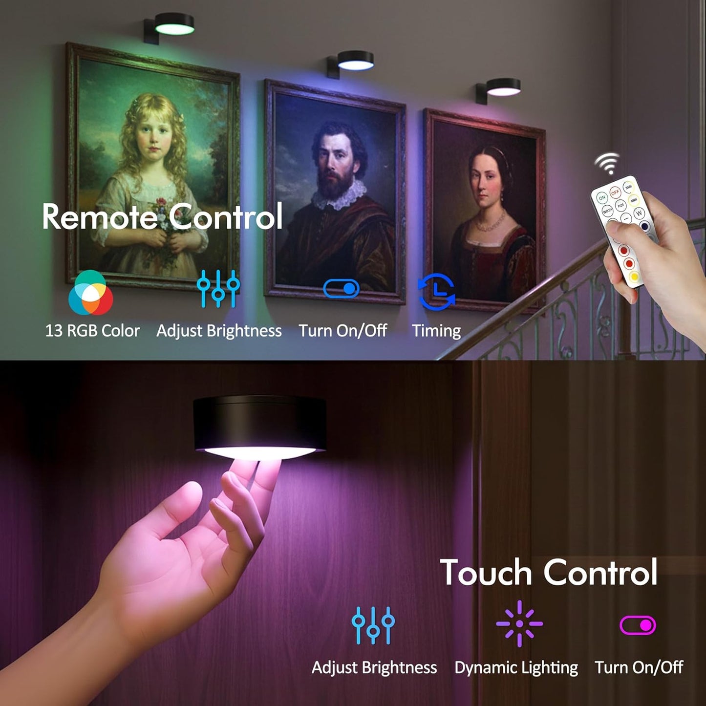3Pack Picture Lights for Wall, RGB Color Changing Led Art Display Light with Rechargeable Battery Operated, Magnetic Painting Light with Remote Control, Wireless Home Wall Decorative Lighting, Black