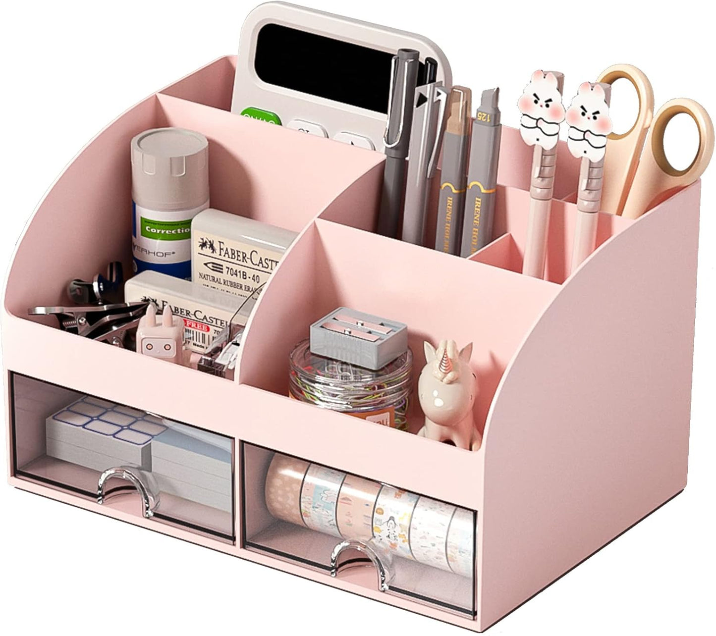 COMFYROOM Desk Organizer with 6 Compartments and 2 Drawers, Plastic Makeup Organizer, Pen Holder for Desktop Storage, Desk Organization for School, Home, Office Supplies (Dark Green)