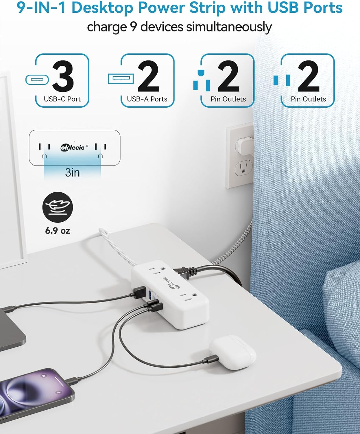 Power Strip with USB C, Small Extension Cord with 4 Outlets & 2 USB-A and 3 USB-C Ports 4.8A/24W Charging Station, 3 Ft 2 Sides Outlet Extender Non Surge Protector for Cruise Ship Travel Office Dorm