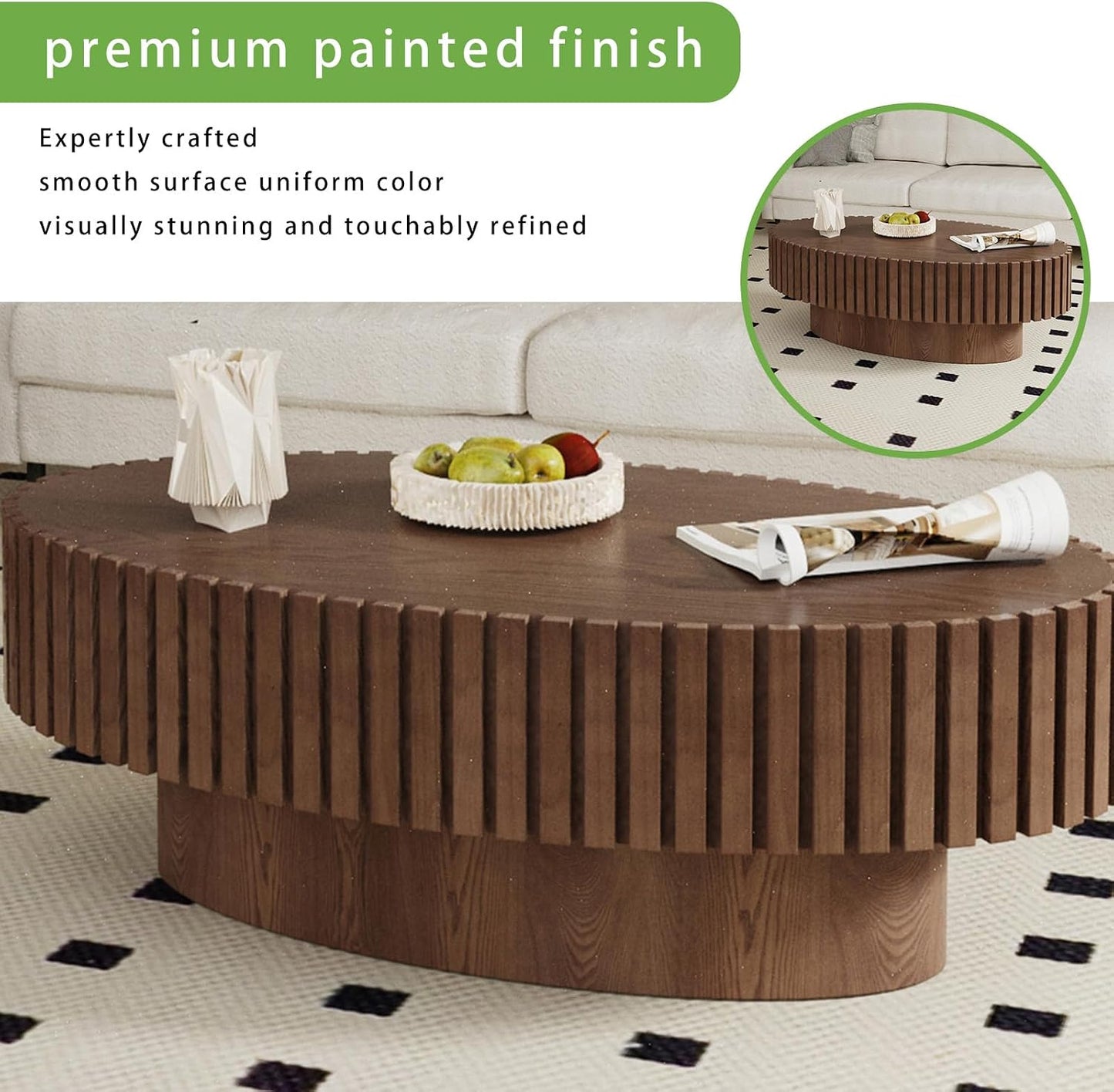 Modern Oval Coffee Table for Living Room (Oval Dark Brown) | Drum Oval Fluted Coffee Table, Pedestal Center Table for Office Patio