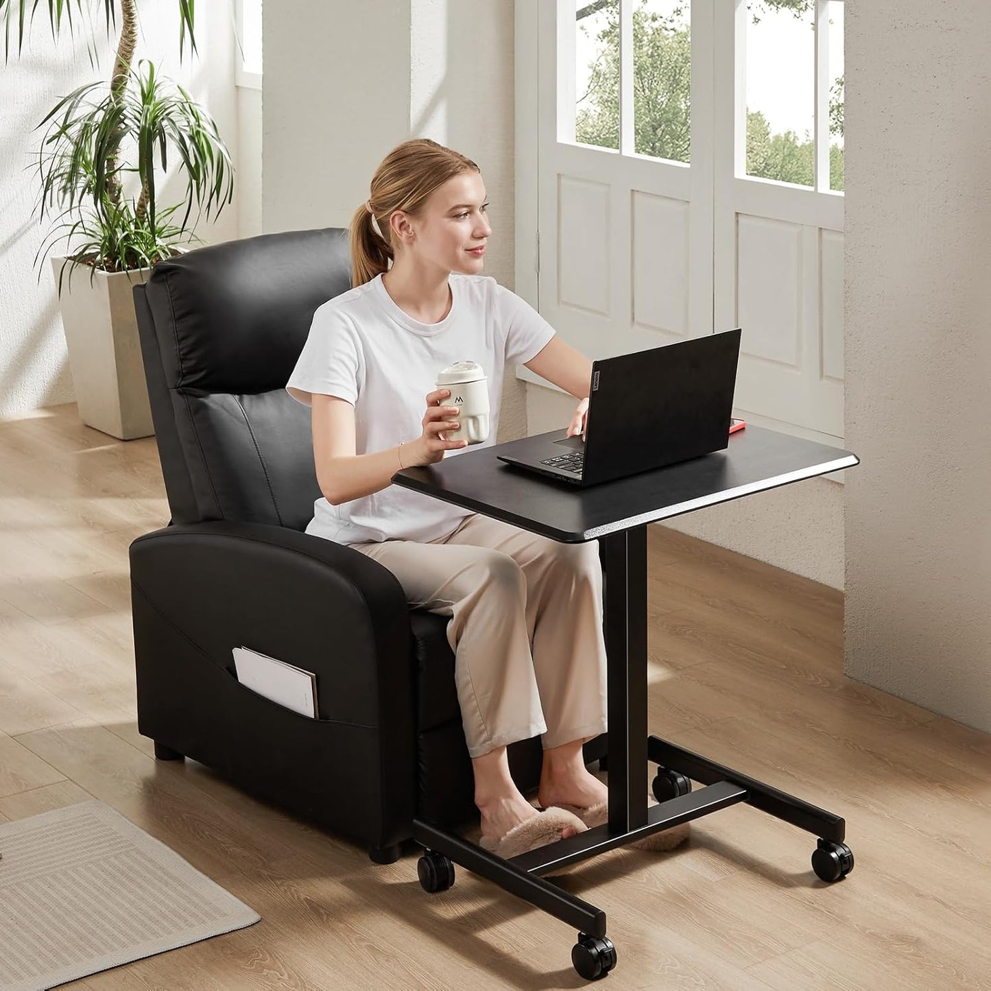 DUMOS Small Standing Desk Mobile Portable Rolling Laptop PC Table on Wheels Adjustable Height Computer Workstation for Home Office, Space Saving Desk for Bedroom Study Use, 19 Inch, Black