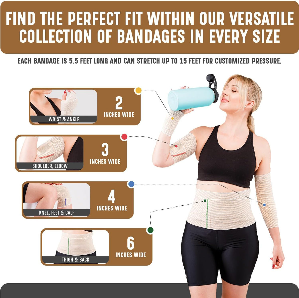 Premium Elastic Bandage Wrap (3” Wide, 50 Pack) - Nexskin Latex Free Athletic/Medical Compression Bandages Hook & Loop Fasteners at Both Ends - Lifetime Washable & Reusable Bandages