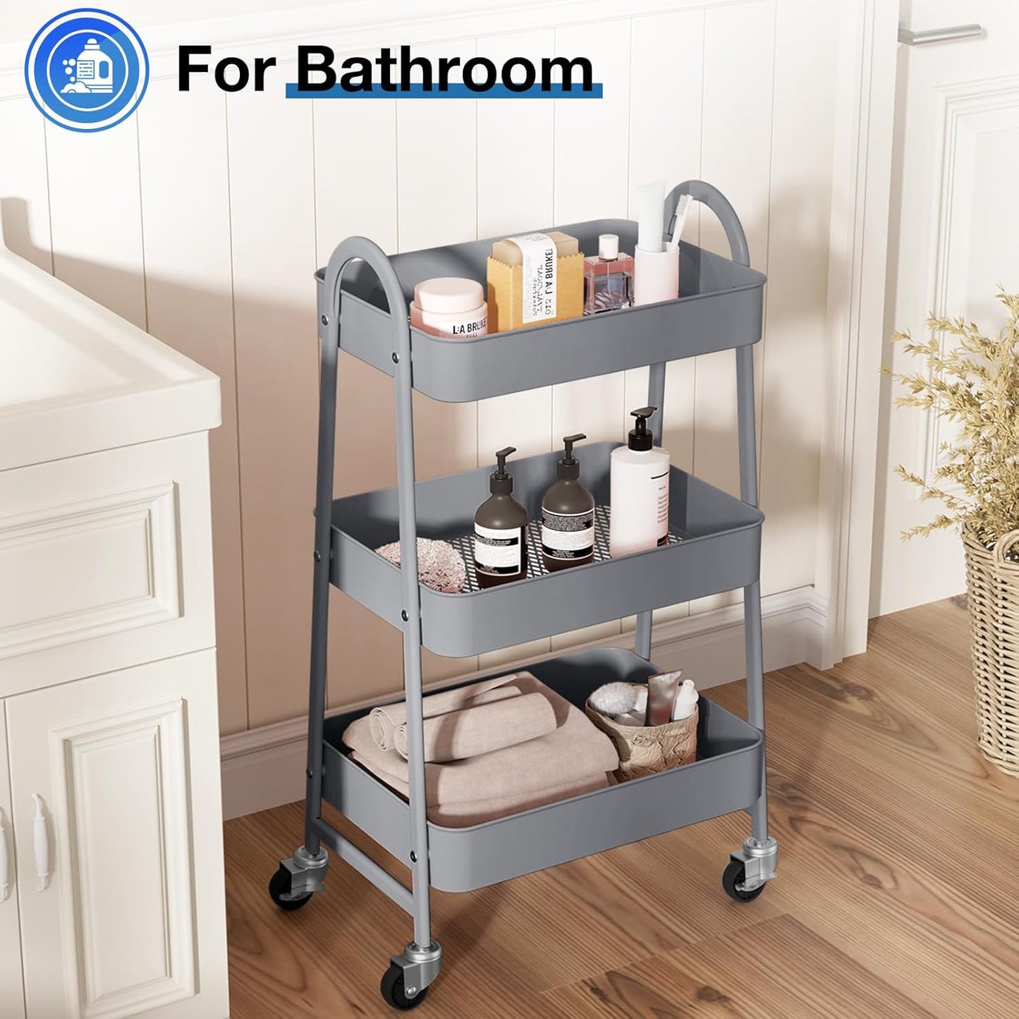 OLIXIS Metal 3 Tiers Utility Rolling Cart, Mobile Storage Shelf with Lockable Caster Wheels, Organization for Livingroom, Bathroom & Narrow Places, Gray