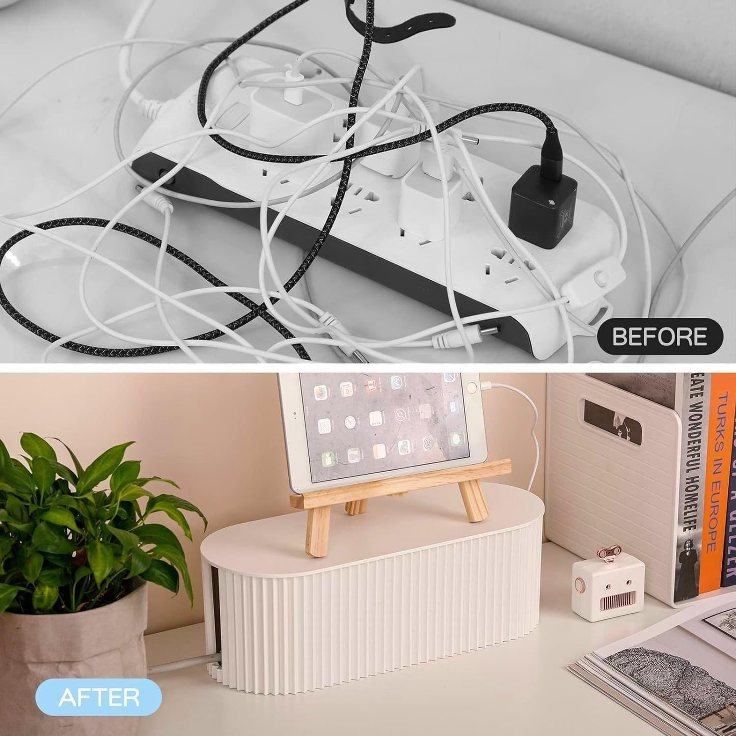 Cable Management Box,Desk Cord Organizer Box with Groove Cover,Plastic Cord Hider Box,Large Cable Box Organizer for Storaging Power Socket/TV/Computer/Router/Games Console Cable (White)