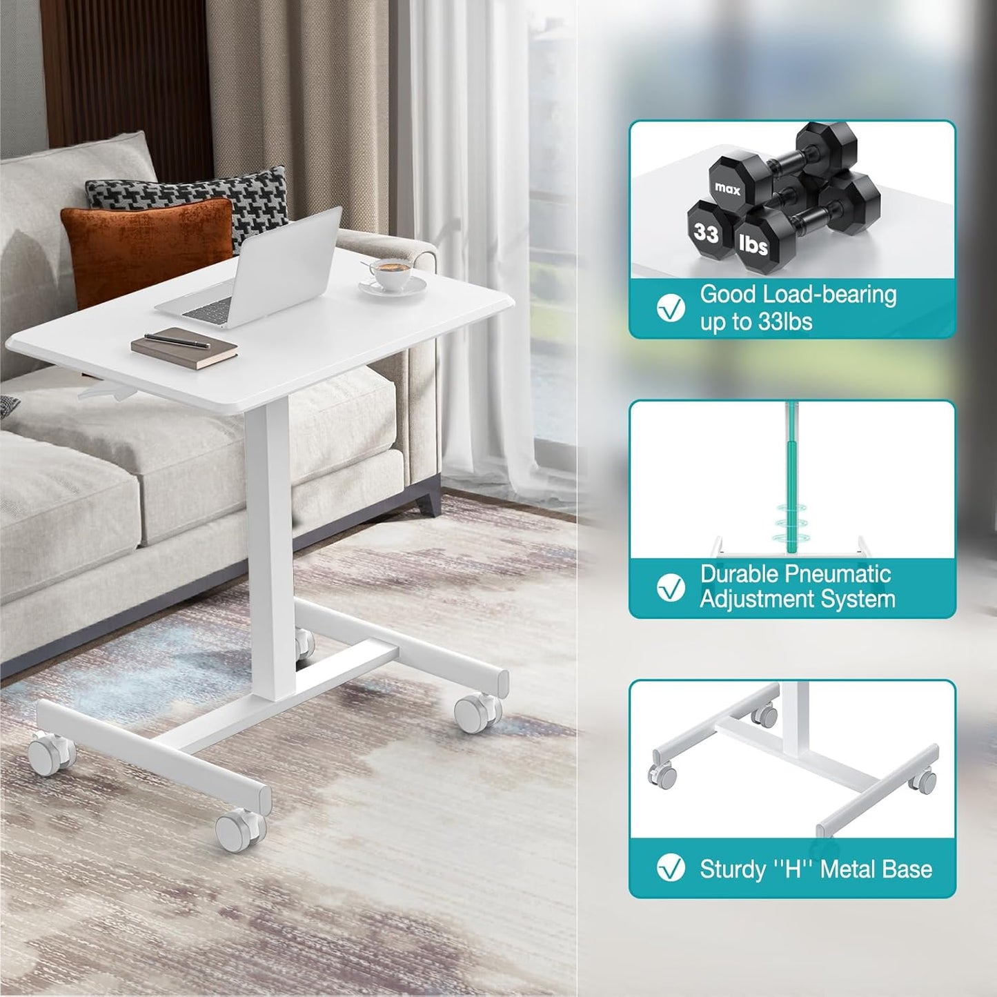 DUMOS Small Rolling Desk Mobile Standing Portable Laptop PC Table with Wheels Adjustable Height Computer Workstation for Home Office, Space Saving Desk for Bedroom Study Use, White