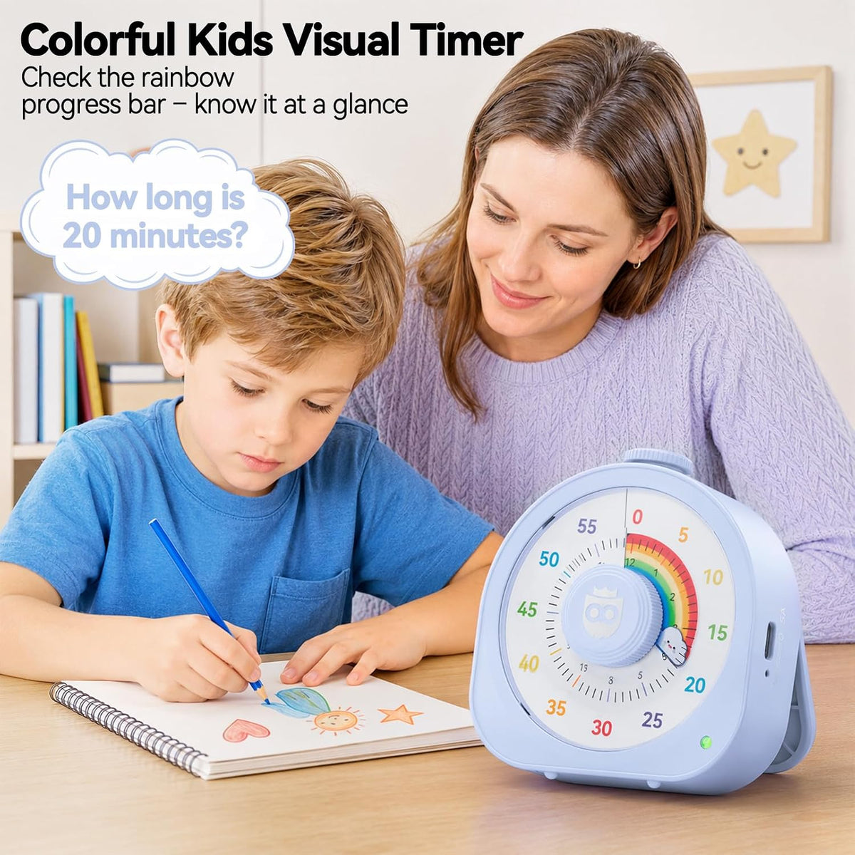 Kids Timer with Rainbow Visual Disk, Rechargeable Timer for Classroom Office Kitchen with Magnetic Sticker, 60 Min/12Hr Silent Countdown Timers Management Tool for ADHD & Autism