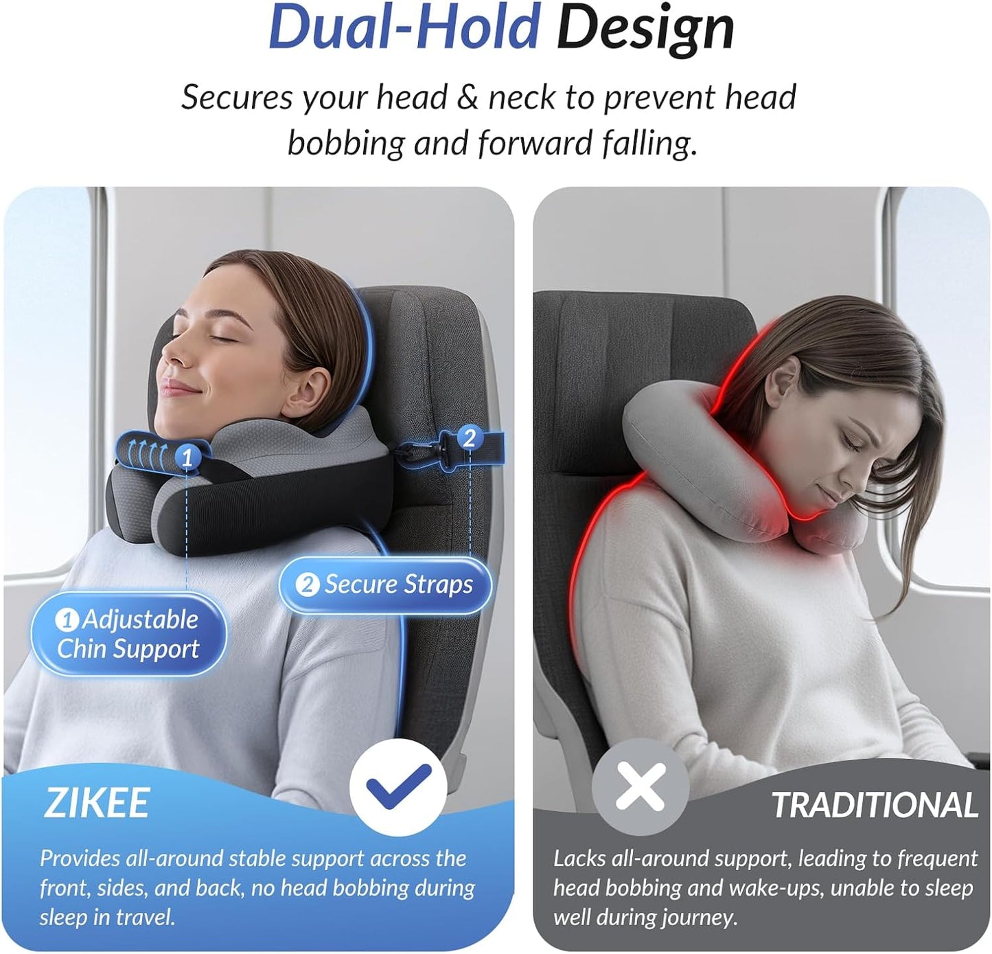 ZIKEE Ergonomic Travel Neck Pillow for Airplane, Dual-Hold Design to Stabilize Head and Neck on Flights, Ear-Free Memory Foam Airplane Travel Pillow, Quality Carrying Case, Breathable & Washable Cover