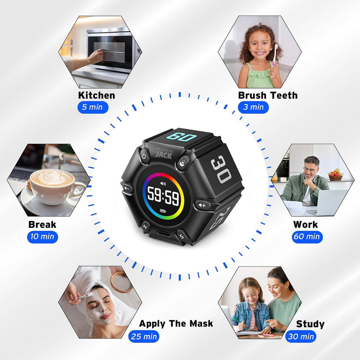 Smart FILP Pomodoro Timer 3/5/10/25/30/60min Preset, Silent & Sound Alarm