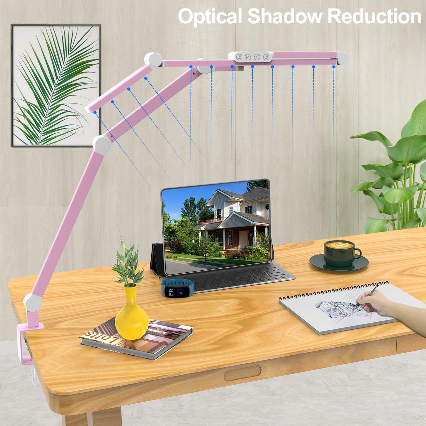 Micomlan Architect Desk Lamp for Home Office, Pink Desk Lamp with Clamp for Working, 24W Bright Rotatable Led Table Light Stepless Dimming Tempering Wide Computer Light for Crafting Puzzle Hobby