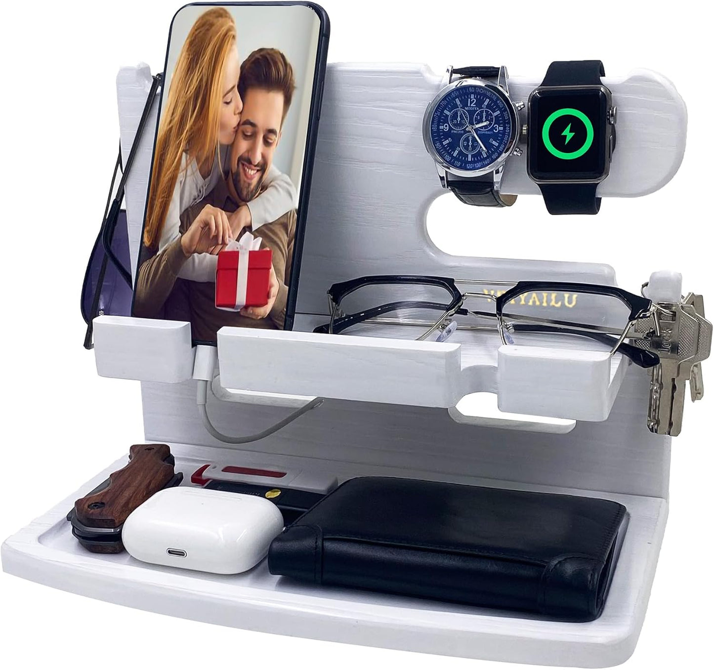 VEIYAILU Gifts for Women Girlfriend Him Men Dad Husband Boyfriend Nightstand Organizer Wood Phone Docking Station(White)