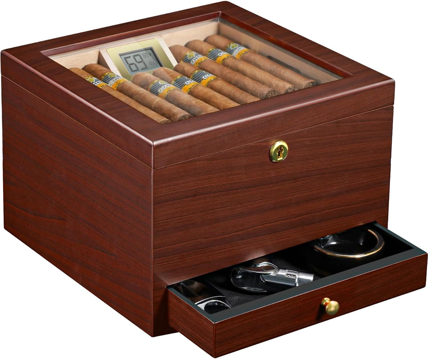 Flauno Cigar Humidor with Air Circulation System, Hold 40 Rubustos, Thicker Spanish Cedar, Accurate Digital Hygrometer, Drawer, Humidifier, Divider, Lock, Gift for Cigar Lovers