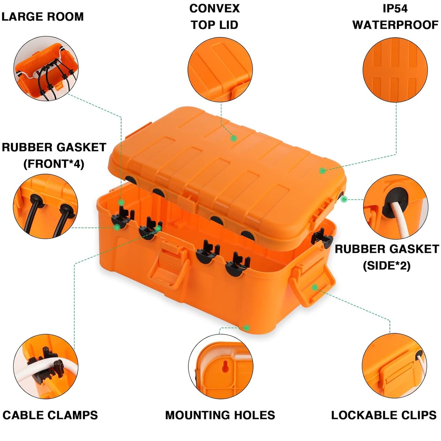 Flemoon Large Outdoor Electrical Box, Waterproof Extension Cord Cover | Inner Size 12 x 7.4 x 3.9Inch, 6 Cable Entry Ports, IP54 Weatherproof Connection Box for Outlet, Timer, Holiday Light, Orange