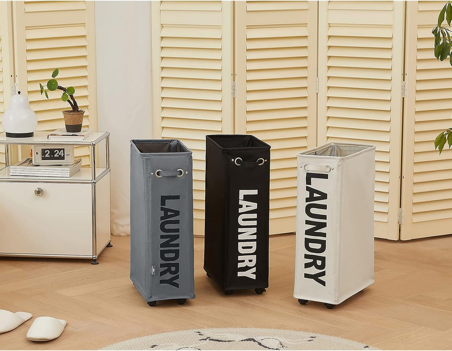 DOKEHOM 25-Inches Slim Laundry Basket on Wheels, Collapsible Rolling Laundry Hamper, Foldable Narrow Corner Clothes Storage Bins (Dark Grey)