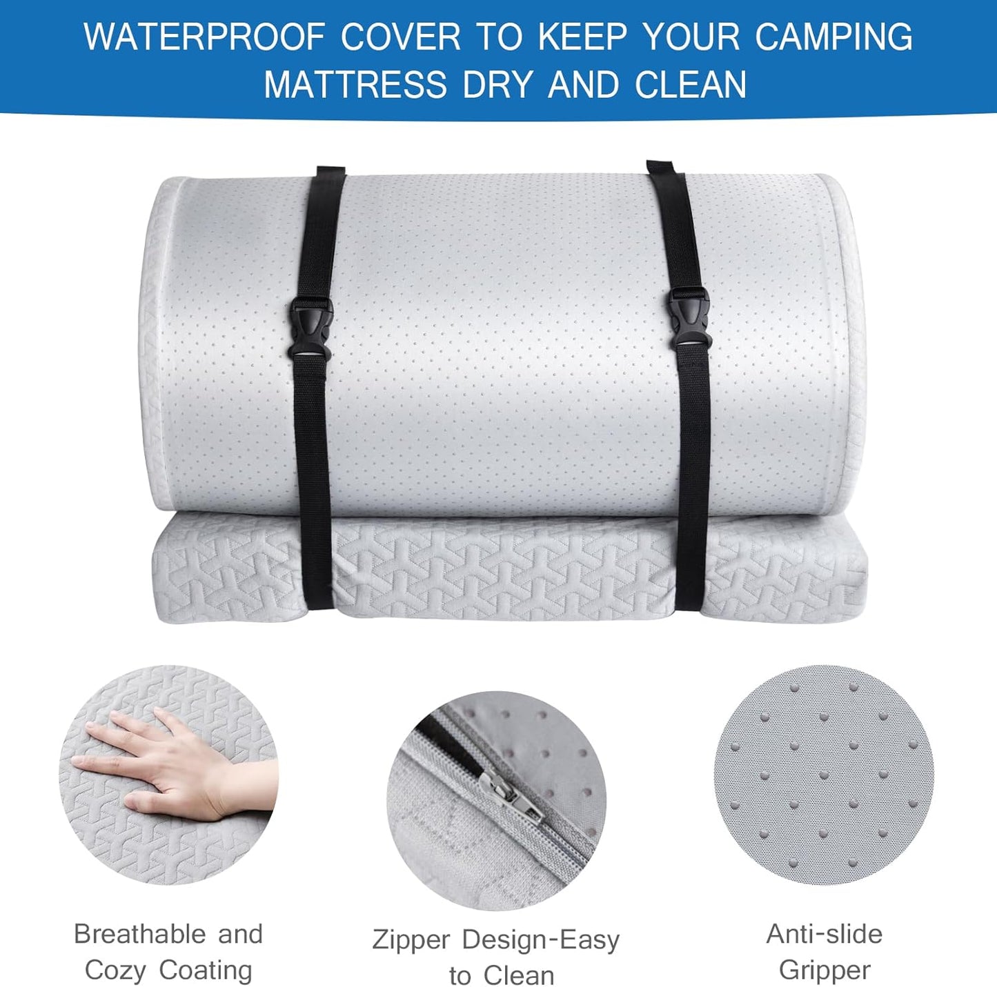 Memory Foam Camping Mattress Pad 3 Inch Thick, Portable Sleeping Pad with Waterproof Cover, Portable Roll Up Cot Mattress Pad Floor Mat for Travel Truck Bed Tent