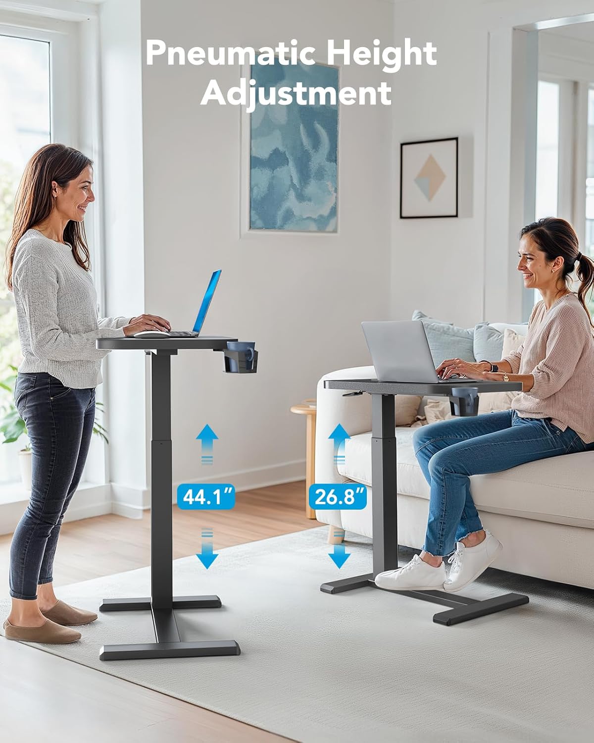 HUANUO 32Inch Bedside Table with Wheels, Height-Adjustable Rolling Computer Cart, Overbed Table with Cup Holder, Pneumatic Laptop Standing Desk for Home Office, Black