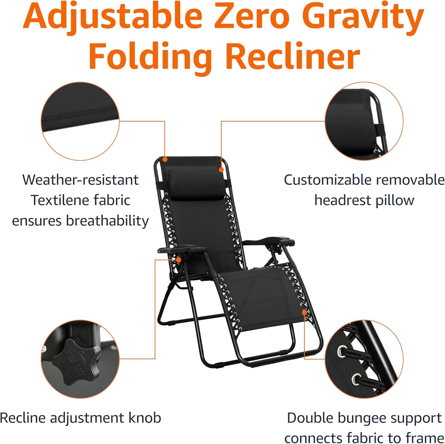 Amazon Basics Zero Gravity Lounge Chair with Pillow, Foldable Outdoor Reclining Chair for Patio and Beach, Weather-Resistant Textilene, 300 lb Capacity, 26", Black