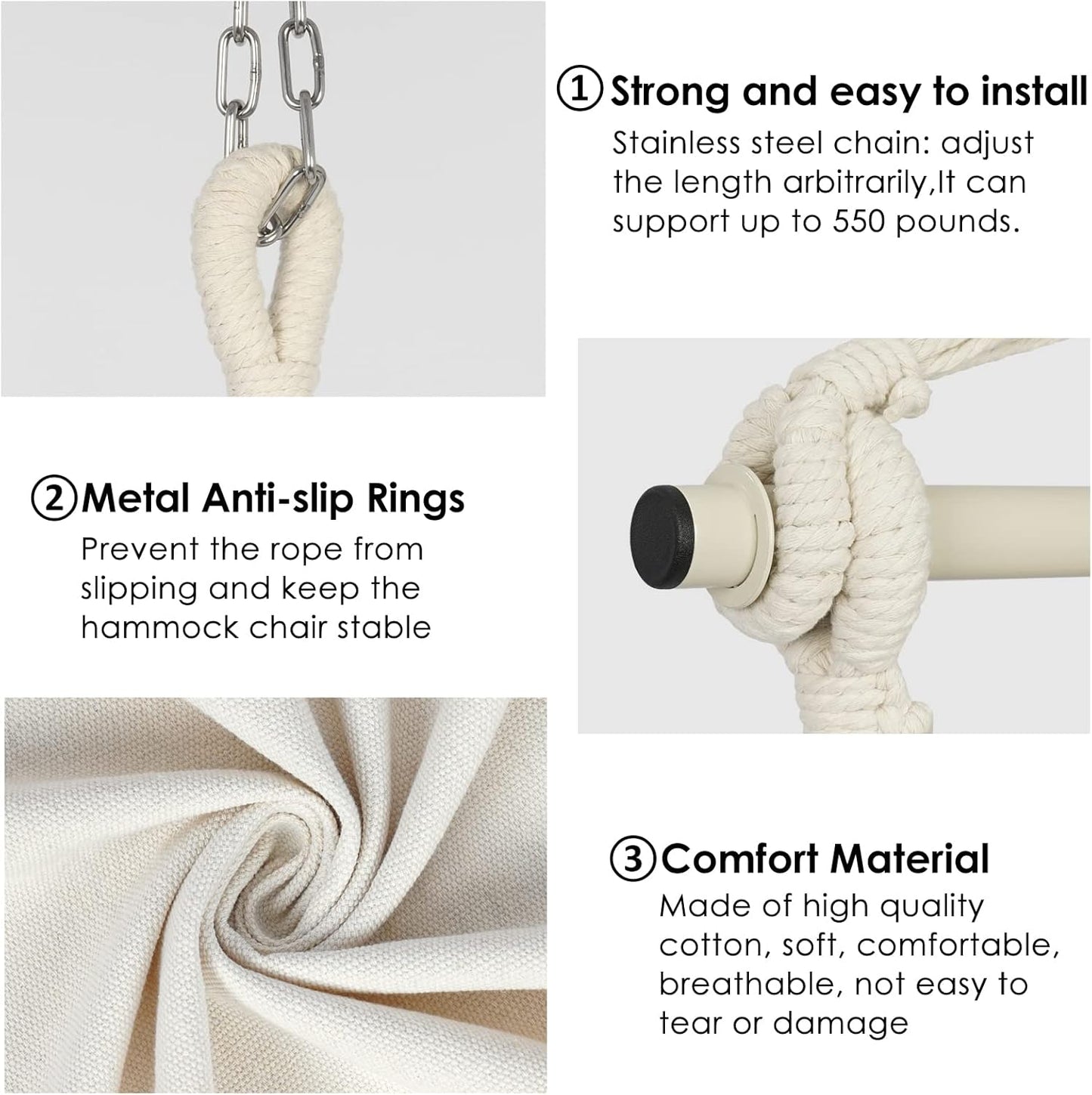 Y- STOP Hammock Chair Hanging Rope Swing, Max 500 Lbs, 2 Cushions Included, Large Macrame Hanging Chair with Pocket for Superior Comfort, with Hardware Kit (Beige)