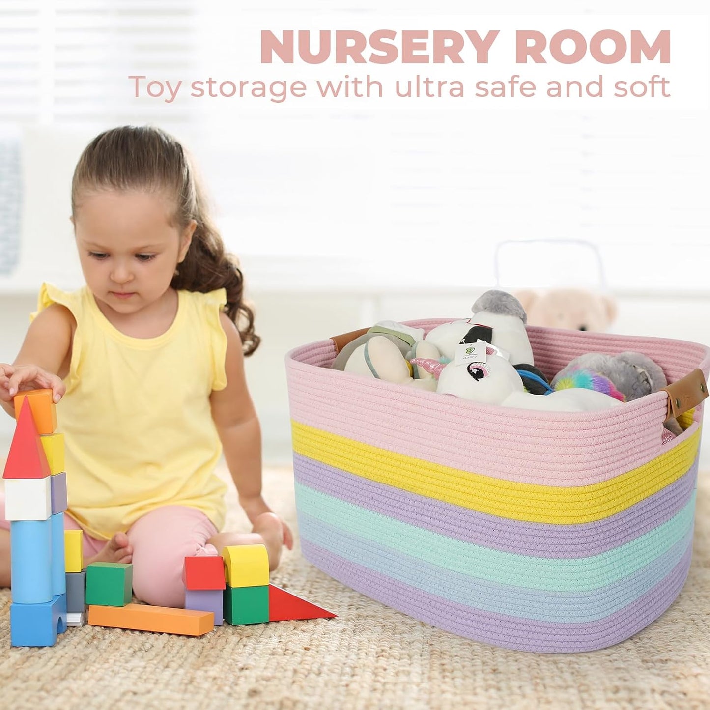 danpinera Large Laundry Basket, 108L Rectangle Woven Baskets for Storage for Living Room, Laundry, Nursery, Pillows, Baby Toy chest, Blanket Storage with Leather Handle, 25’’*16’’*16’’ Rainbow