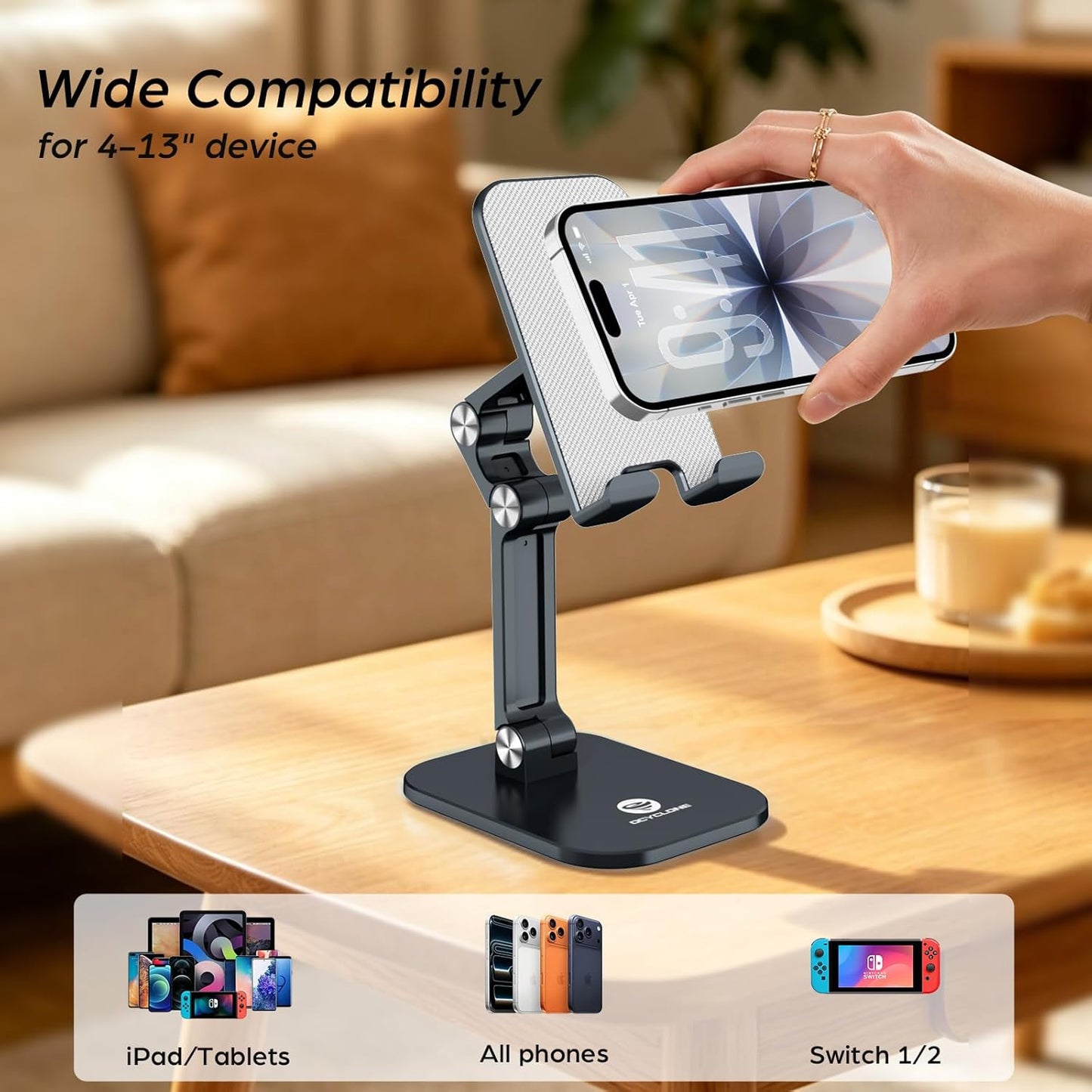 OCYCLONE Phone Stand, Foldable Cell Phone Stand Holder for Desk Office Accessories Adjustable Height and Angle iPhone Stand Compatible with 4"-13" Phones iPad Tablet - Black