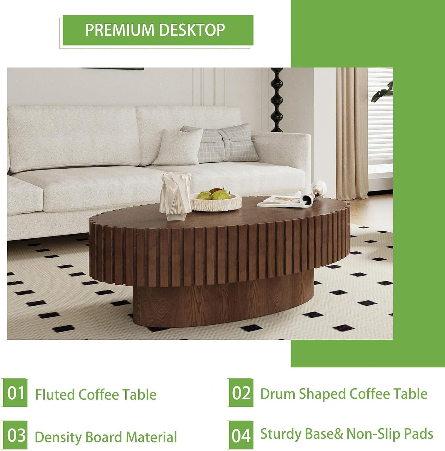 Handmade Wood Oval Coffee Table (Walnut 43.3 in) | Contemporary Style for Living Room, Pedestal Design & Easy Assembly