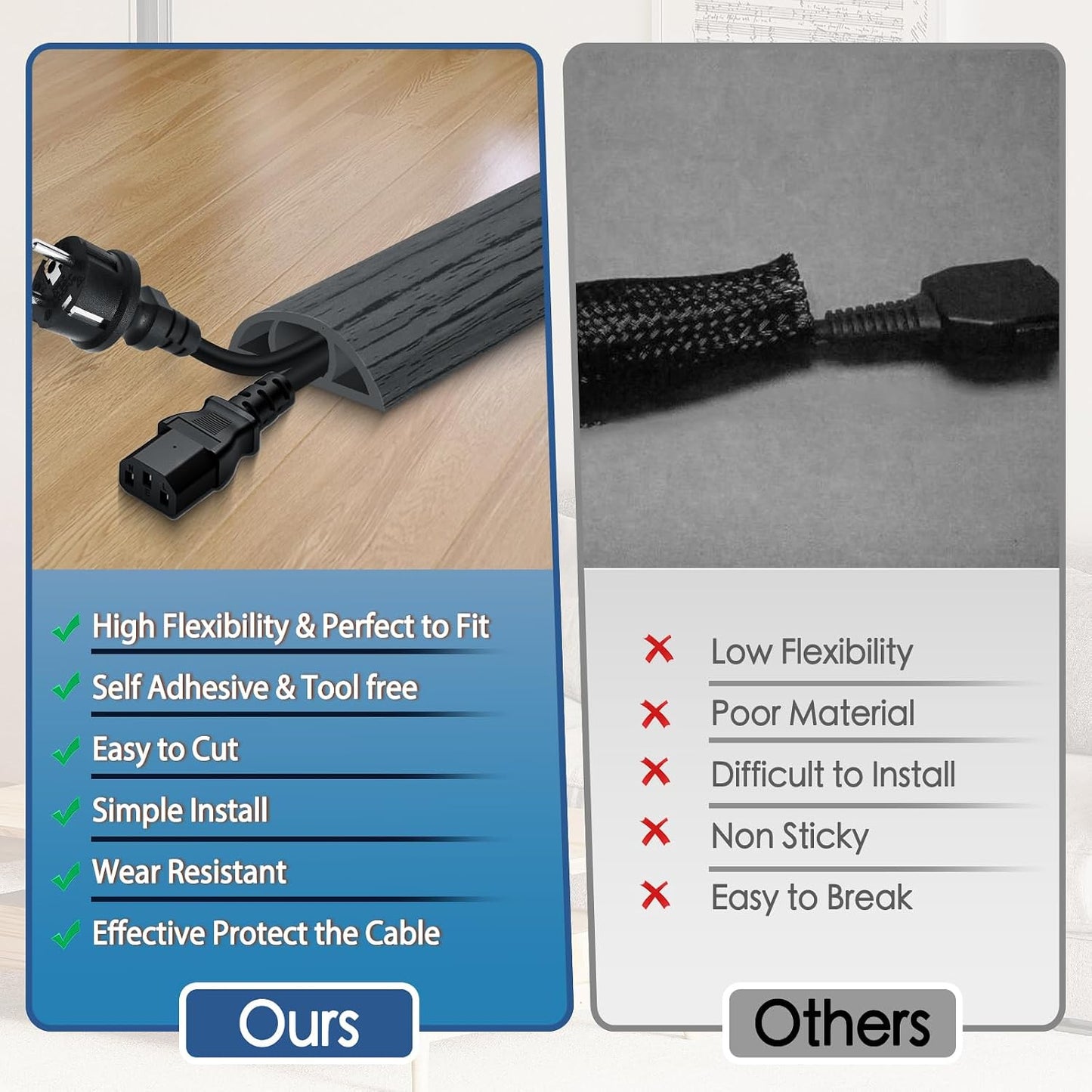 Floor Cord Cover for Wires on Floor Self Adhesive Cord Hider | Floor Cable Cover Floor Wire Covers for Cords Prevent Cable Trips, Cord Cavity W 0.47" x H 0.27", Deep Gray Wood, 20Ft