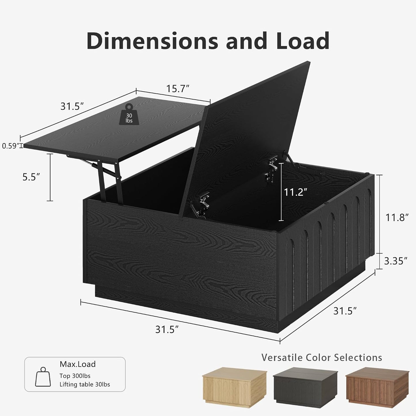 FORTUNETEC 31.5" Lift Top Coffee Table with Storage, Arched Design, Black | Modern Coffee Table, Square Tea Table, Minimalist Multifunctional Center Table, Wood Grain Texture, Living Room, Office