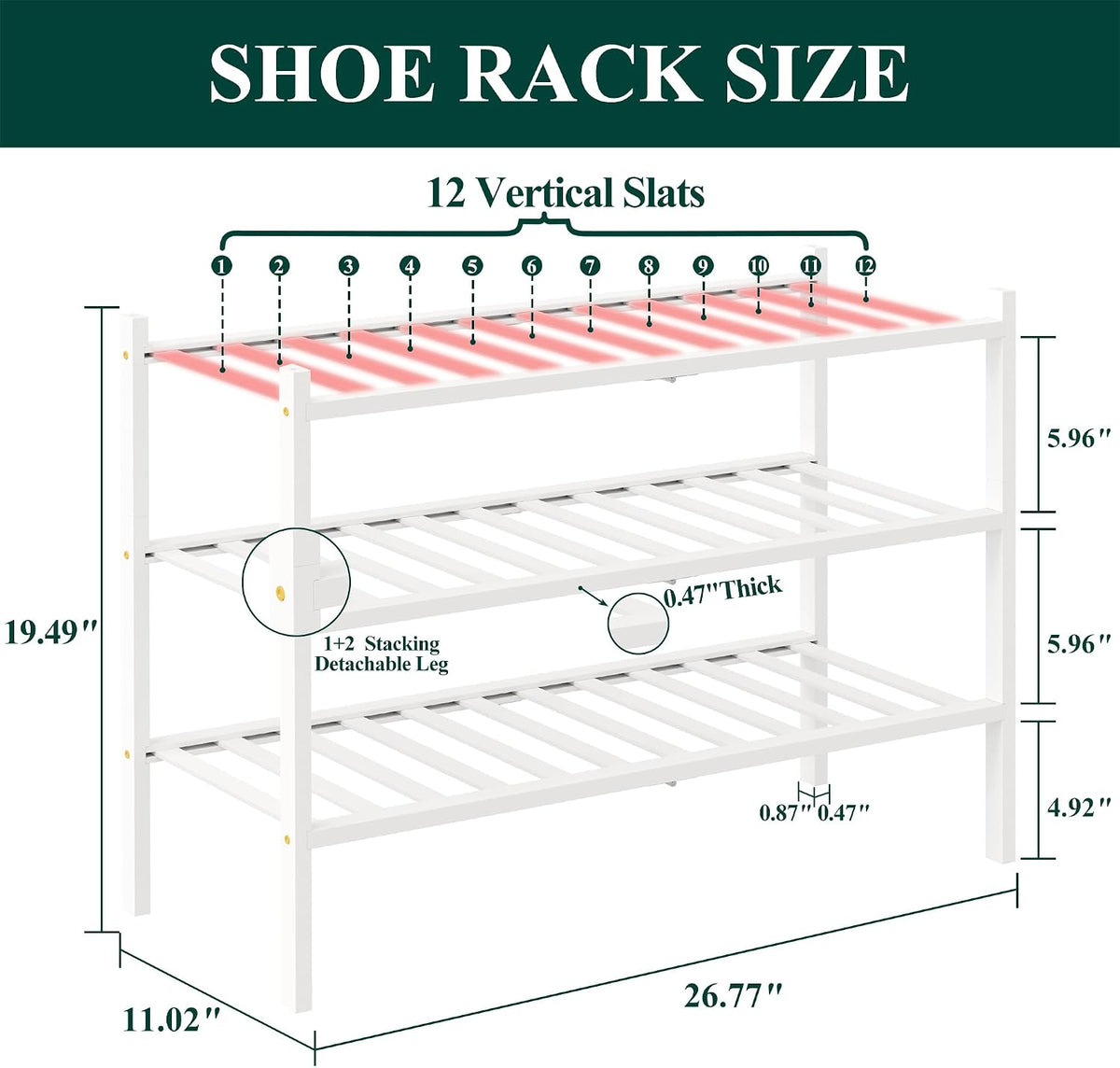Smiry Bamboo Shoe Rack, 12 Vertical Slats, 3 Tier - 26.8" Wide, White