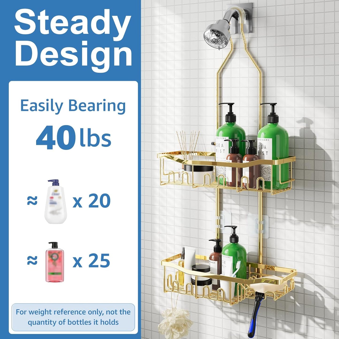 Shower Caddy, Extended Length Shower Organizer with Hooks, Rustproof Shampoo Soap Holder, Large Hanging Bathroom Caddy