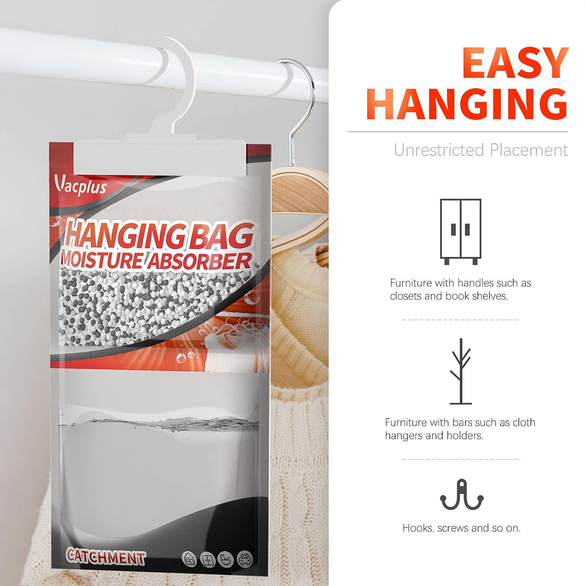Vacplus Moisture Absorber, 9.8 OZ Hanging, Strong Absorption, Charcoal