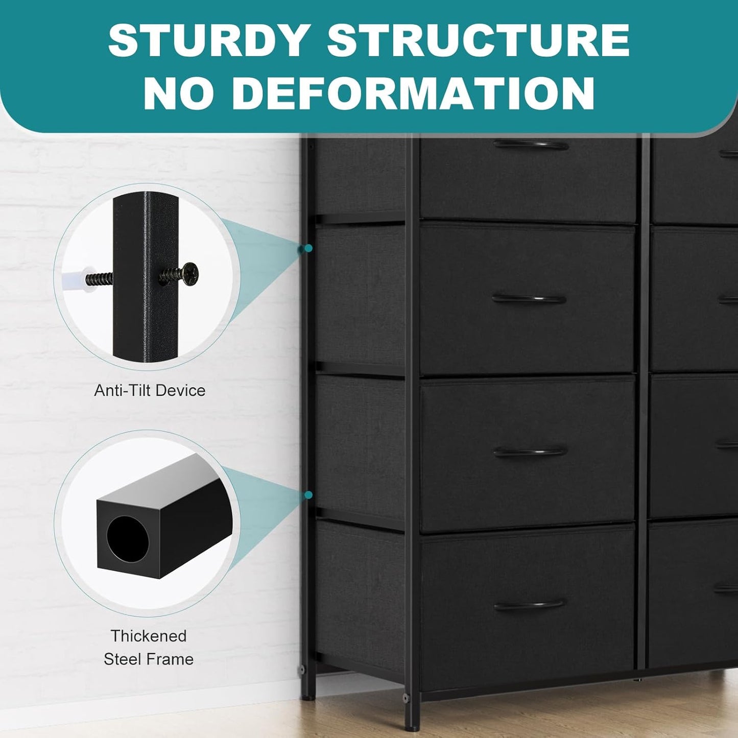 OLIXIS 8 Drawer Storage Dresser with Wood Top - Wide Fabric Chest Organizer for Bedroom, Closet, Living Room,Tower Cabinet, TV Stand, Hallway Entryway Furniture,Black
