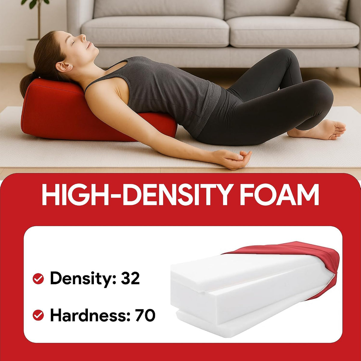 Rectangular Yoga Bolster Pillow for Meditation, Yoga & Back Support – Soft Meditation Cushion with Removable Hand Wash Cotton Cover & Carry Handle (Red)