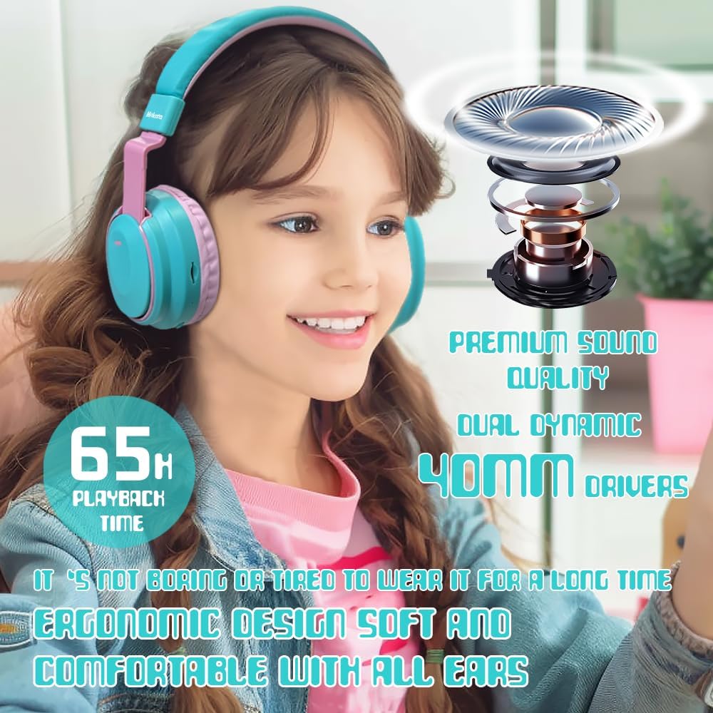 Mokata Kids Headphones Bluetooth 5.3 Wireless Lightweight Fast Charging 68 Hours Play Time Volume Limited 85/94dB Over Ear Foldable with Built-in Mic for Toddler Boy Girl Tablet Pad Cyan