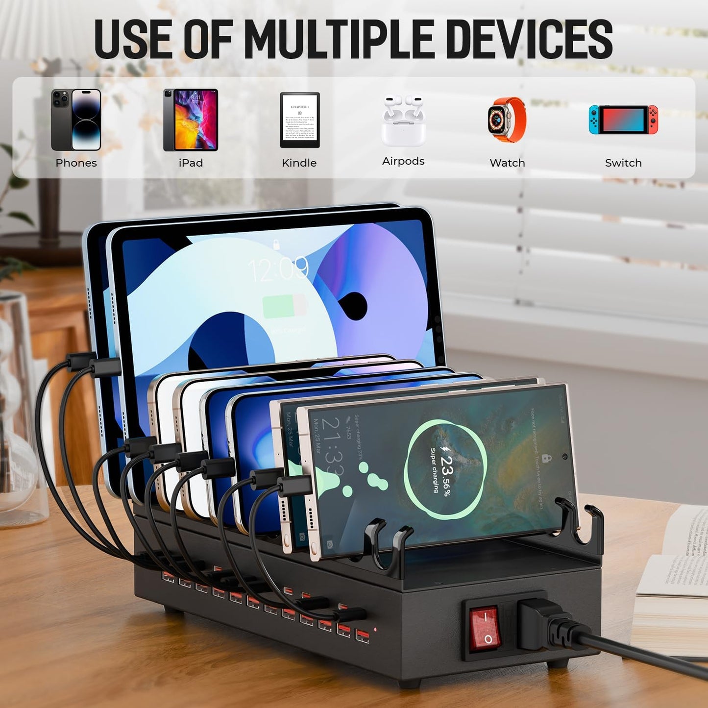 300W Charging Station for Multiple Devices, 24 Ports USB Fast Charging Station, Charger Station Organizer Compatible with Kindle, Phone, Tablet, iPad, Charger Station for Home, Office, School
