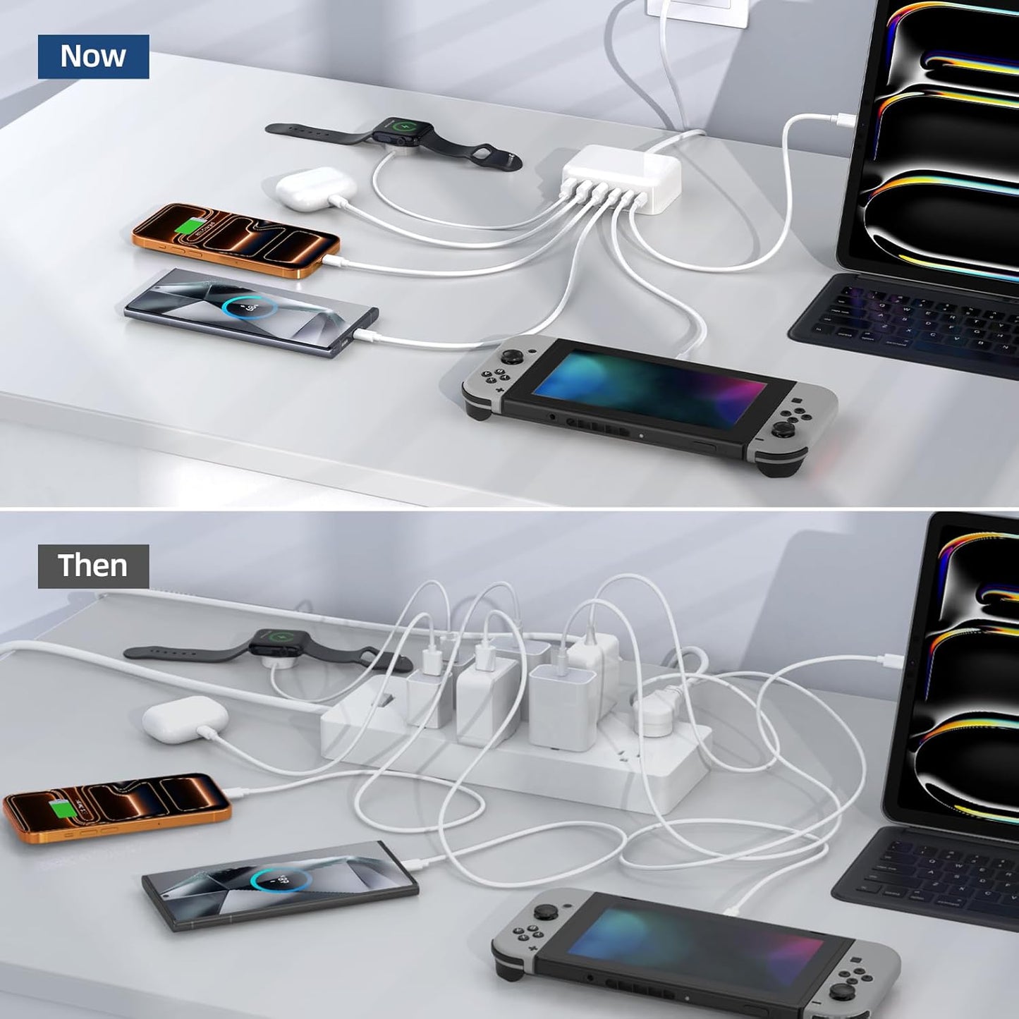 6 in 1 USB Charger, 50% Smaller Charging Station for Multiple Devices, 100W Fast Charging Blocks with Type C Ports, USB Charging Hub Organizer Multiport Power Strip for iPhone, Ipad, Kindle, Travel