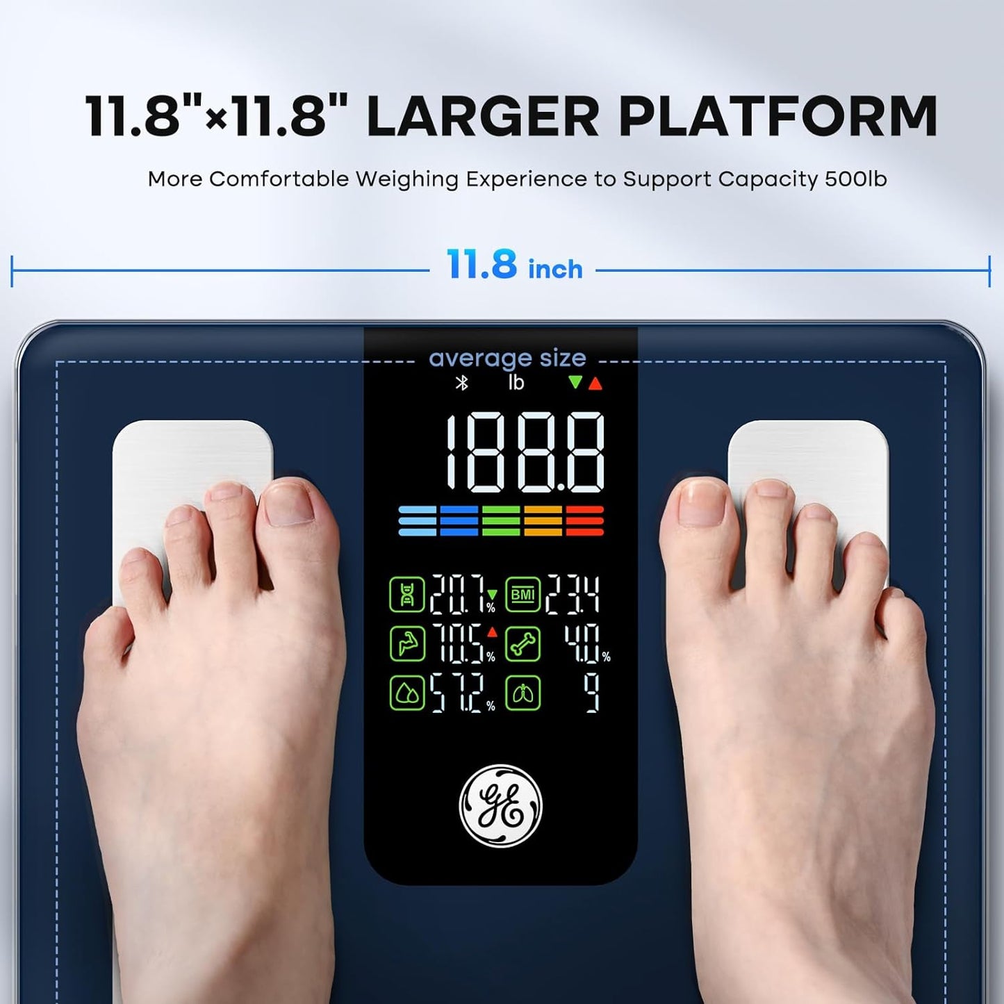 GE Smart Scale for Body Weight, BMI, Fat, Muscle Mass, Digital Bathroom Scales 500lbs Bluetooth 11.8" Large Platform Weighing Machine Health Monitor with App, Dark Blue