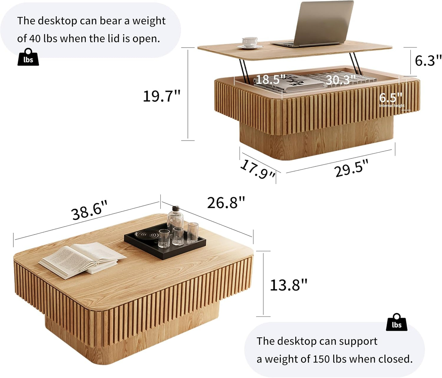 38.6'' Lift Top Coffee Table with Hidden Compartment, Modern Rectangular Fluted Wooden Center Table Cocktail Tea Table with Storage and Adjustable Height for Living Room Apartment,Natural