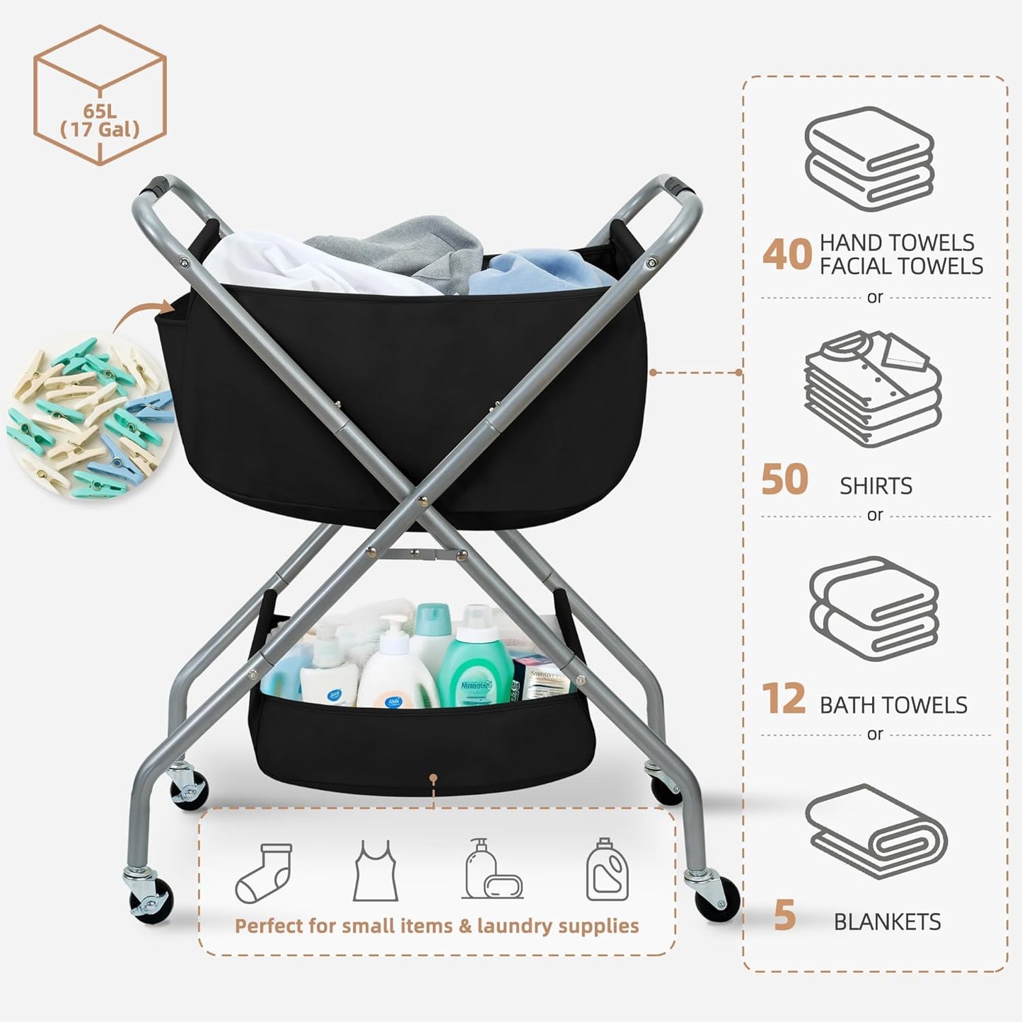 STORAGE MANIAC Collapsible Laundry Cart with Wheels 31.5"H Rolling Laundry Hamper Clothes Basket with Wheels, Canvas Liner Sturdy Steel Frame Folding for Small Narrow Space Easy Storage, Black